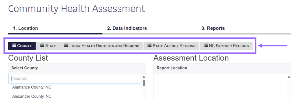 This image shows the report location selection buttons for the NC Data Portal Community Health Assessment. 