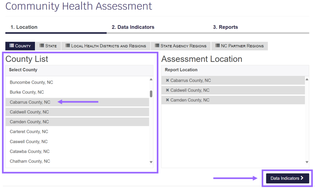 This image shows the report location selection list and assessment location column for the NC Data Portal Community Health Assessment. 