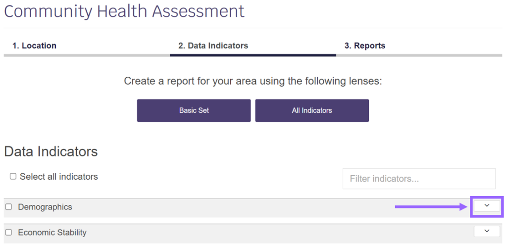 This image shows the data indicator categories for the NC Data Portal Community Health Assessment. 