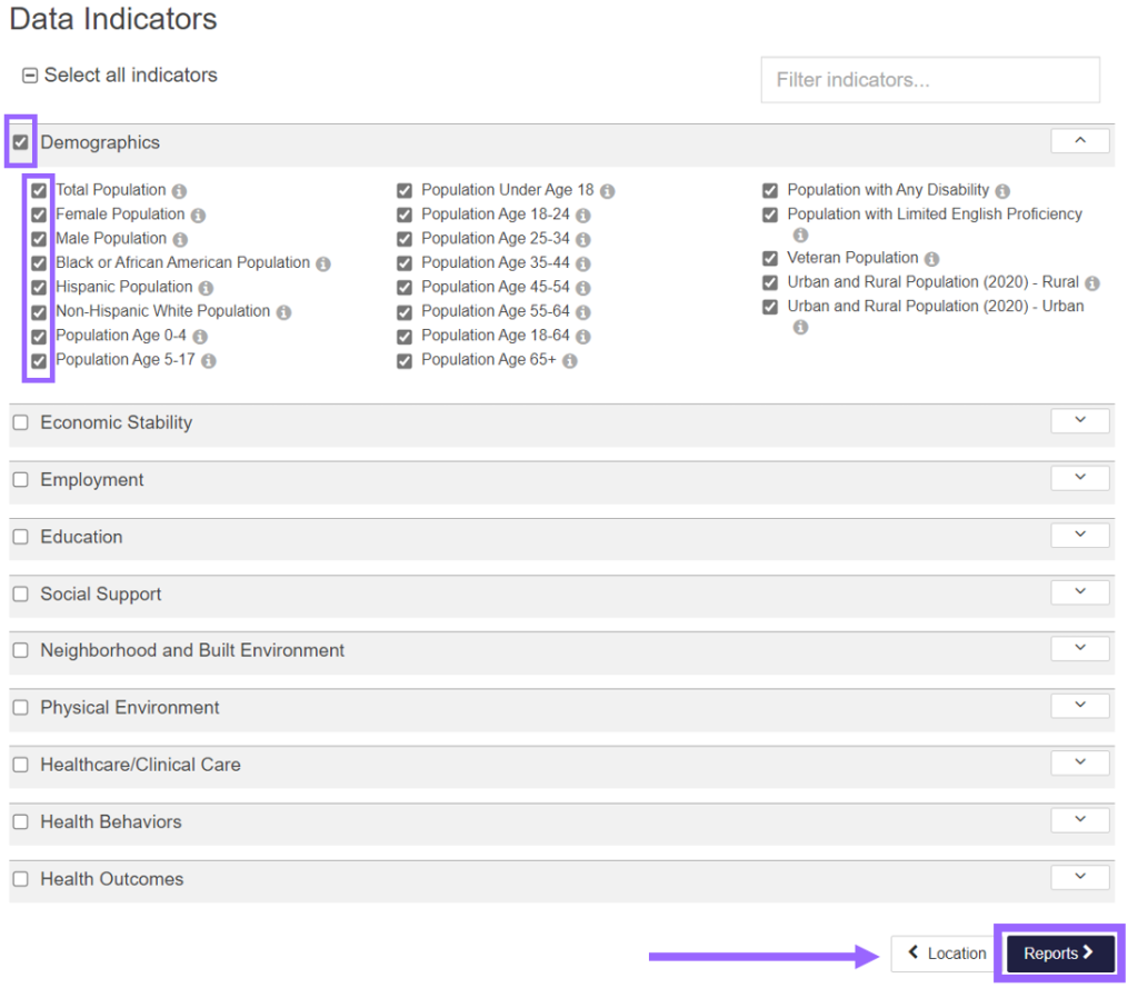 This image shows the individual data indicators for the NC Data Portal Community Health Assessment and the "Reports" button to generate the report. 