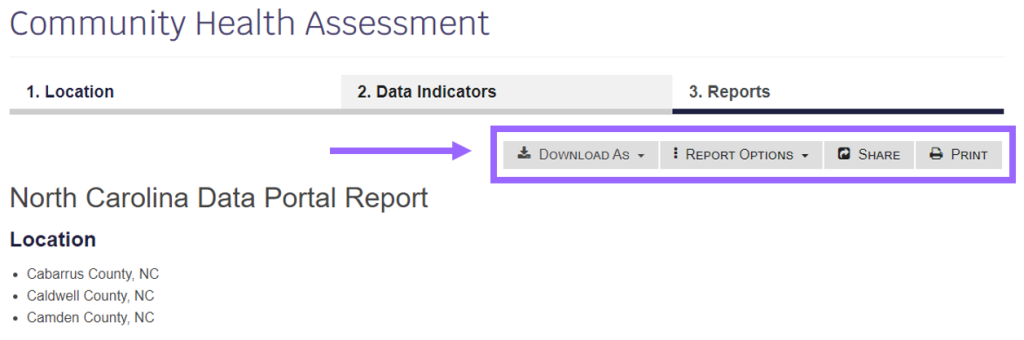 This image shows the "Share" and "Download As" buttons for the completed report for the NC Data Portal Community Health Assessment. 